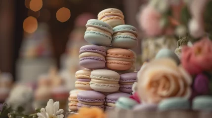 Tuinposter a close-up shot of a macaron tower in pastel colors, with a blurred background of floral decorations. Generative AI. © Pro Hi-Res