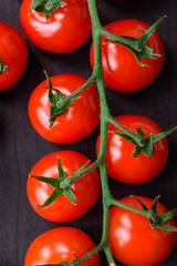 Delicious fresh cherry tomatoes on a twig with spices and herbs