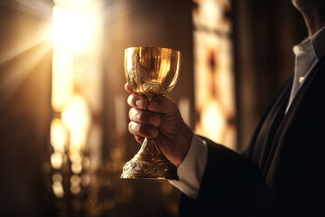 Priest hand holding golden chalice of wine, sun rays throuth curch window. Generative AI.
