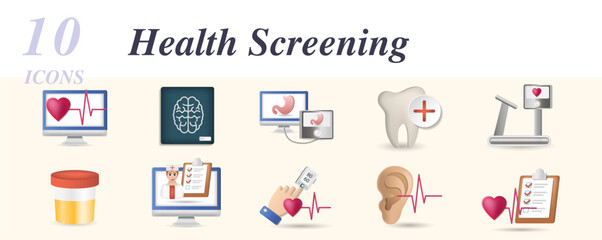 Health screening set. Creative icons: x-ray, ultrasound, dental, stress test, urine examination, online check, vital sign, audiogram, health check.