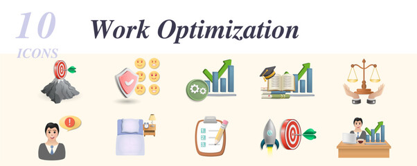 Work optimization set. Creative icons: purpose, emotional immunity, improvement, knowledge growth, balance, sleeping time, priorities, human productivity.
