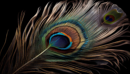 Feather of a peacock against a black background, Generative AI