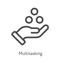 Outline style ui icons soft skill for business collection. Vector black linear illustration. Multitasking. Human hand hold different ball task symbol isolated. Design for corporate training