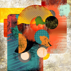 Abstract composition with colourful elements and textured decorative forms