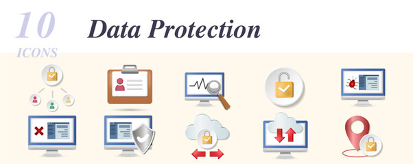 Data protection set. Creative icons: group security, id pass, monitoring, unlock, software bug, error, browser protection, cloud transfer protection, system backup, location hiding.