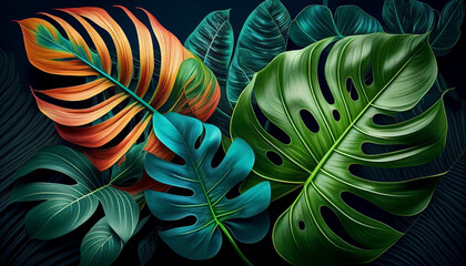 Abstract green tropical leaves realistic background, Generative AI