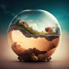 Fototapeta premium Surrealist illustration of miniature landscape in fishbowl (Generative AI)