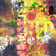 Grunge abstract digital composition with typographical elements and geometrical forms