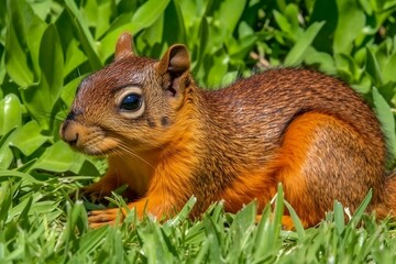 Naklejka na ściany i meble A Close Encounter with a Squirrel on Grass