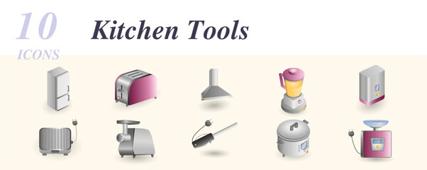 Kitchen tools set. Creative icons: fridge, toaster, cooker hood, juicer, water heater, electric grill, meat grinder, electroknife, multicooker, electronic balance.