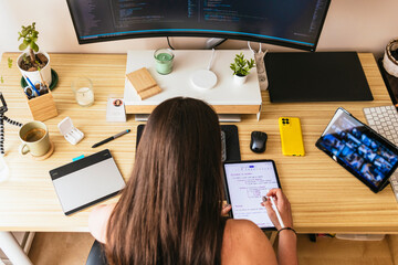 Modern brunette teleworking at home desk