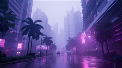 Fototapeta na wymiar Cyberpunk Future Wallpaper. Foggy evening street. Futuristic concept. Blue pink violet Evening urban landscape. Generative AI illustration.