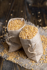 Fresh wheat porridge in a linen bag