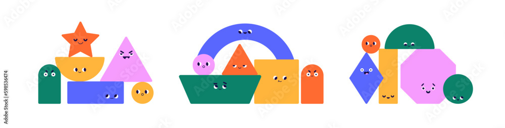 Aufkleber Cute geometry characters. Geometric shapes teams set. Funny figures groups compositions. Abstract creative squares, rectangles with faces. Flat graphic vector illustration isolated on white background