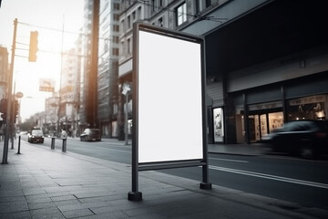 empty white advertising banner mockup in the city street. Generative AI	