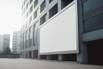 Obraz premium blank white advertising banner mockup on the wall of a building in the city. Generative AI 