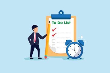 To do list, task management or completion tracking or reminder to finish assignment, work planning or schedule concept, productive businessman with pencil and to do list clipboard with alarm clock.