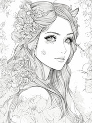 A drawing of a woman with a flower crown and butterflies