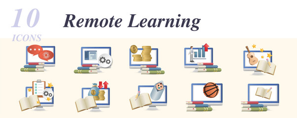 Remote learning set. Creative icons: psychology course, developer course, business, personal growth course, music course, project management, broker course, course for young parents, sports course