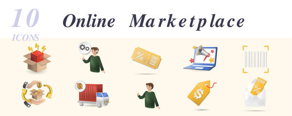 Online marketplace set. Creative icons: new product, customer service, discount card, online advertising, bar code, returns, free shipping, delivery man, price tag, coupon.