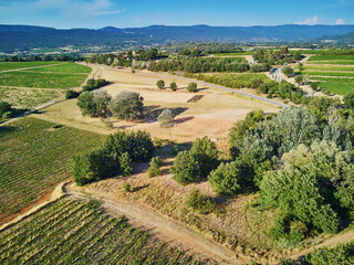 Aerial scenic Mediterranean landscape with cypresses, olive trees and vineyards in Provence, France