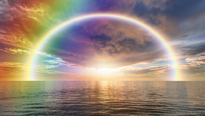 Beautiful landscape calm sea with double sided rainbow at sunset