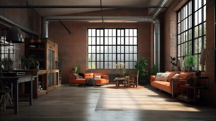 Fototapeta na wymiar Living room loft in industrial style, 3d render, Bright color. Generative Ai