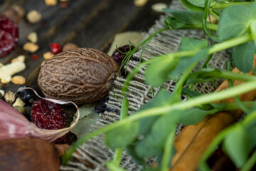 nutmeg and other spices mixed on the table