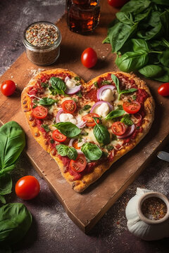 Heart shape pizza with vegetables. Generative ai