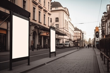 Fototapeta na wymiar empty white advertising banner mockup in the city street. Generative AI 