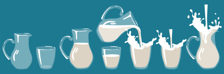 A set of glass glasses, empty jugs and with milk. Filled with liquid. There are full glasses nearby, filling up. Water is poured into a jug. The elements are isolated on a blue background - obrazy, fototapety, plakaty