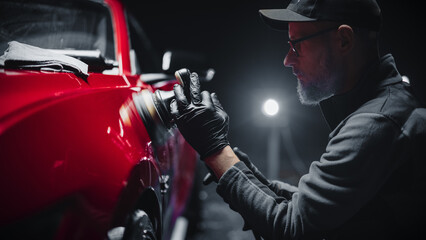 Fototapeta na wymiar Red Sportscar Standing in a Stylish Detailing Dealership Studio. Professional Worker Buffing the Body from Light Scratches, Removing Swirls and Paint Defects from a Fender of the Vehicle