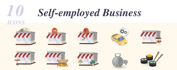 Self-employed business set. Creative icons: book shop, coffee shop, barber shop, car service, coffee house, cafe, pizzeria, flower shop, gym, sushi market.