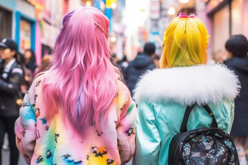 Back view of young women with bright colorful hair and clothes. Japanese Harajuku street fashion style. 