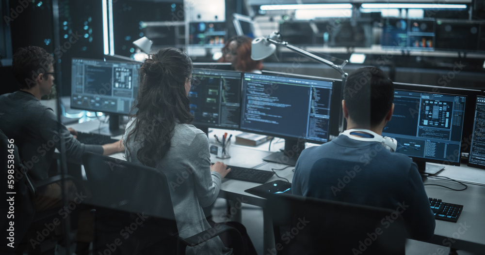 Poster Team of Talented Young Professionals Working in a Technological Research and Development Agency. Computer Screens with Software Code and Technical Neural Network Diagrams