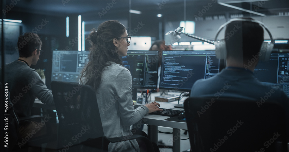 Poster Team of Diverse Multiethnic Software Developers Working on Computers, Programming Advanced Code, Managing Artificial Intelligence Projects Online for Innovative Internet Based Cloud Services