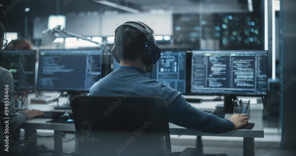 Poster Group of Empowered Multicultural Men and Women Working in a Research Center, Using Computers to Run Advanced Software and Develop Artificial Intelligence Interface