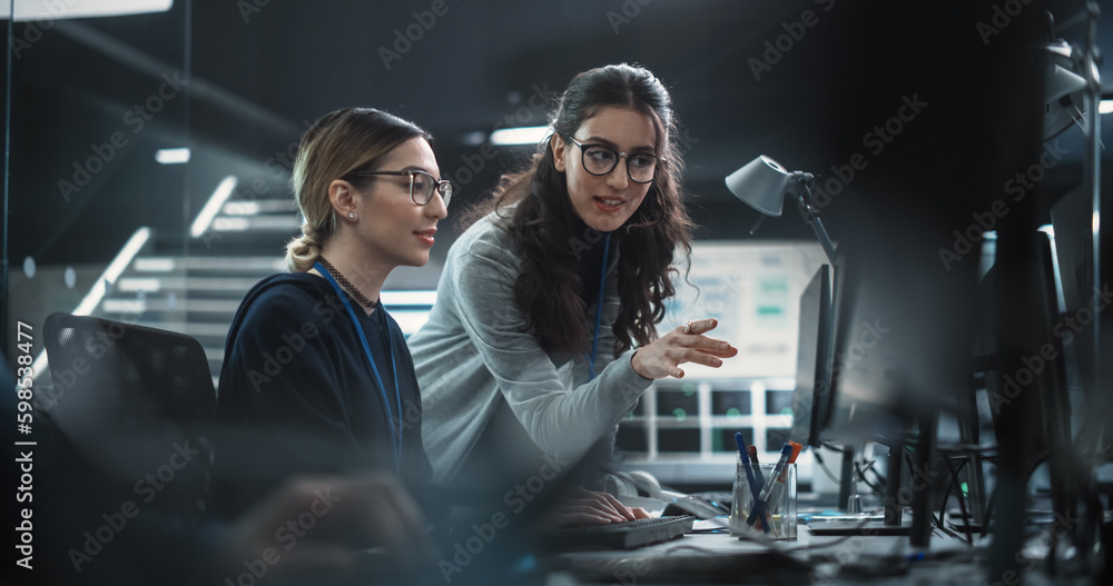 Fototapete Two Diverse Colleagues Having a Conversation While Busy Working on a Team Project. Multiethnic Female Designer Talking with a Project Manager. Teamwork in Technology Laboratory