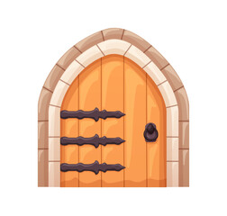 Old medieval door. Arched entrance to ancient dwarf house. Wooden entry. Closed doorway to palace. Low portal to castle, home. Flat graphic cartoon vector illustration isolated on white background