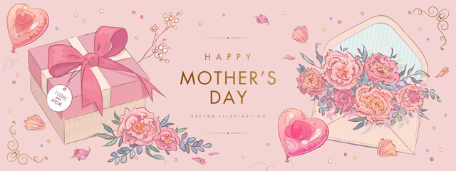 Mother's day horizontal poster, banner or greeting card with hand drawn gift box, envelope, flowers and helium balloons on pink background