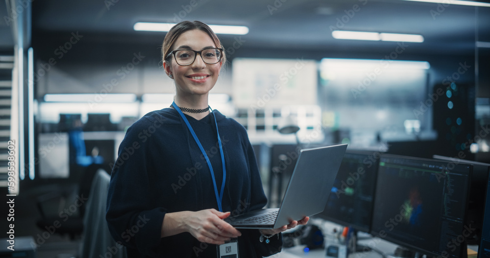 Poster portrait of an attractive empowered multiethnic woman looking at camera and charmingly smiling. busi