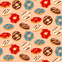 A pattern of donuts. Color simple illustration of flying donuts with different glazes. Sweet summer seamless background with vector illustrations of donuts. Background for printing textiles and paper