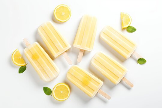 Lemon popsicles on a white background. Cold snack for the hot summer. Generative AI