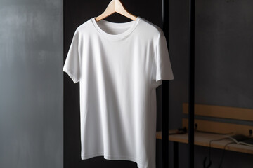 Blank white t-shirt mockup hanging on a hanger. Generative AI	