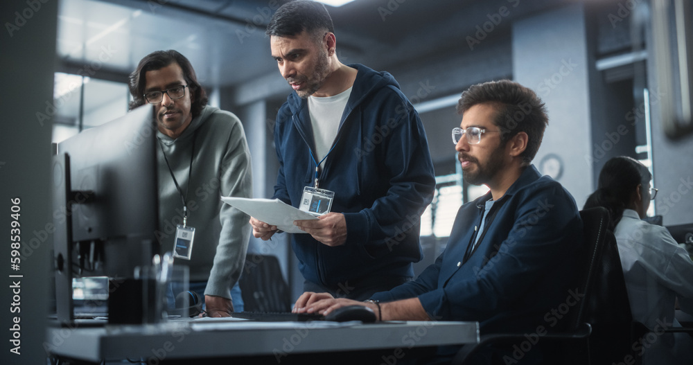 Aufkleber Team of Three Multiethnic Diverse Software Developers Talk, Discuss and Collaborate on an AI Project. Empowered Young Indian Specialists Work on Digital E-Commerce Startup Business