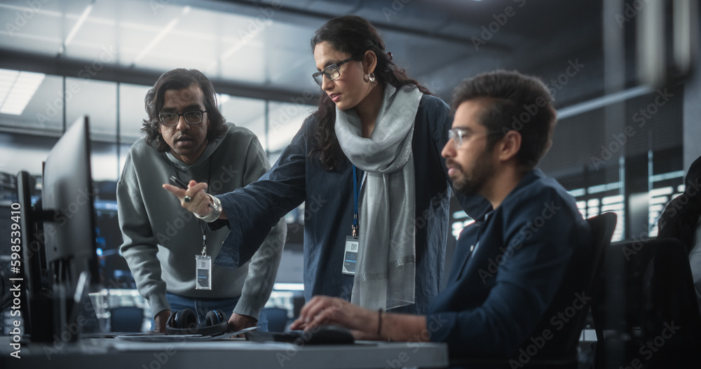 Poster Team of Three Diverse South Asian Software Developers Talk, Discuss a Technological Project. Empowered Indian Female Specialists and Two Colleagues Work on Digital Software as a Service Business