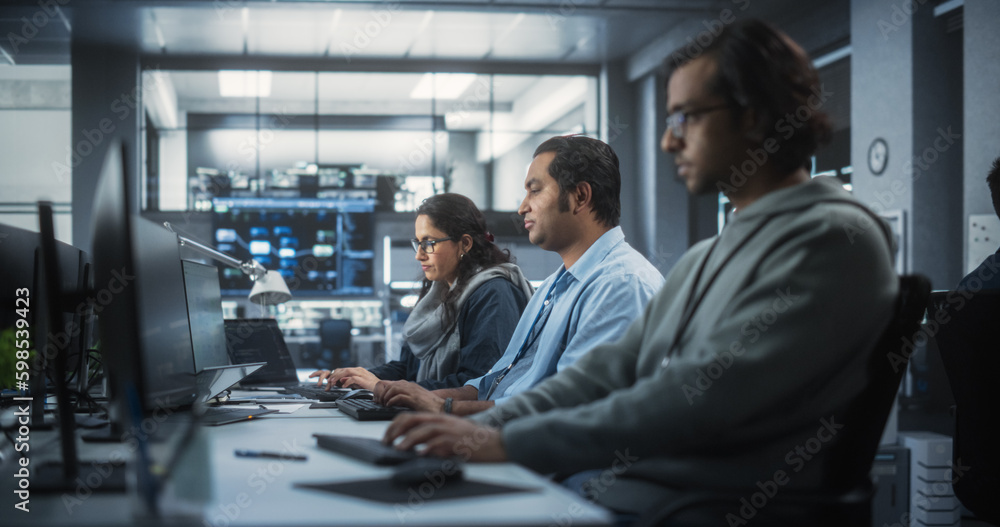 Poster Team of Talented Young Indian Professionals Working in a Technological Research and Development Agency. Computer Screens with Software Code and Technical Neural Network Diagrams