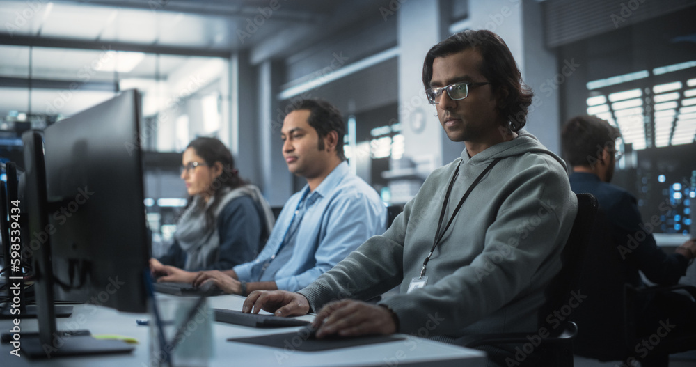 Fototapete Group of Multicultural South Asian Men and Women Working in a Research Center, Collaborating and Discussing a Project, Using Computers to Write Software Code, Develop Artificial Intelligence Service