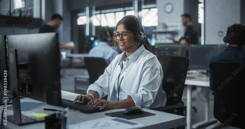 Poster Positive Technical Support Manager Talking on a Call, Providing Help Desk Solutions to a Customer Experiencing Troubleshooting Issues with a Product. Indian Female Successfully Solving the Problem