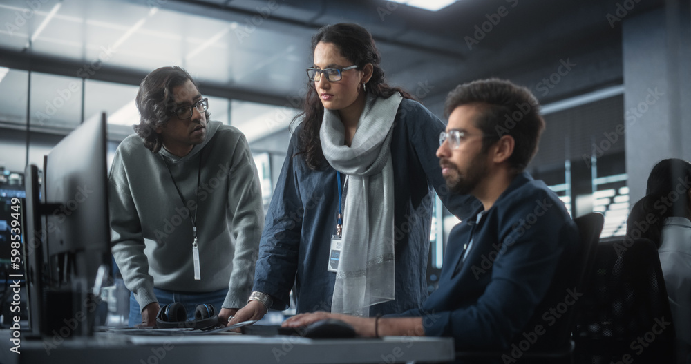 Poster team of three multiethnic diverse software developers talk, discuss an ai project. stylish young ind